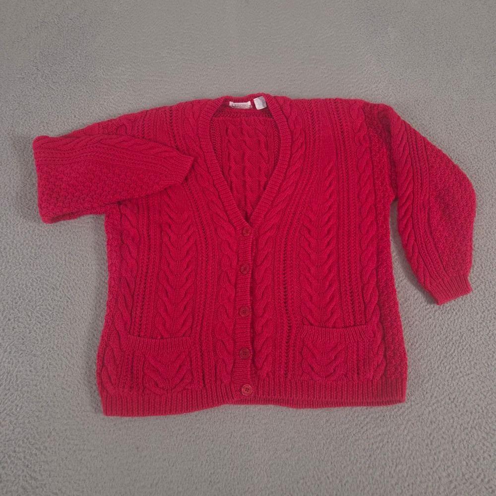 VINTAGE Honors Apparel Sweater Womens L Red Cardigan Cable Hand Knit Pockets 90s